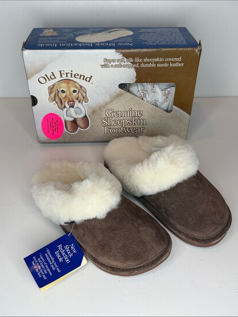 Old Friend Genuine Sheepskin Footwear Brown Suede Slippers with Cream Shearling